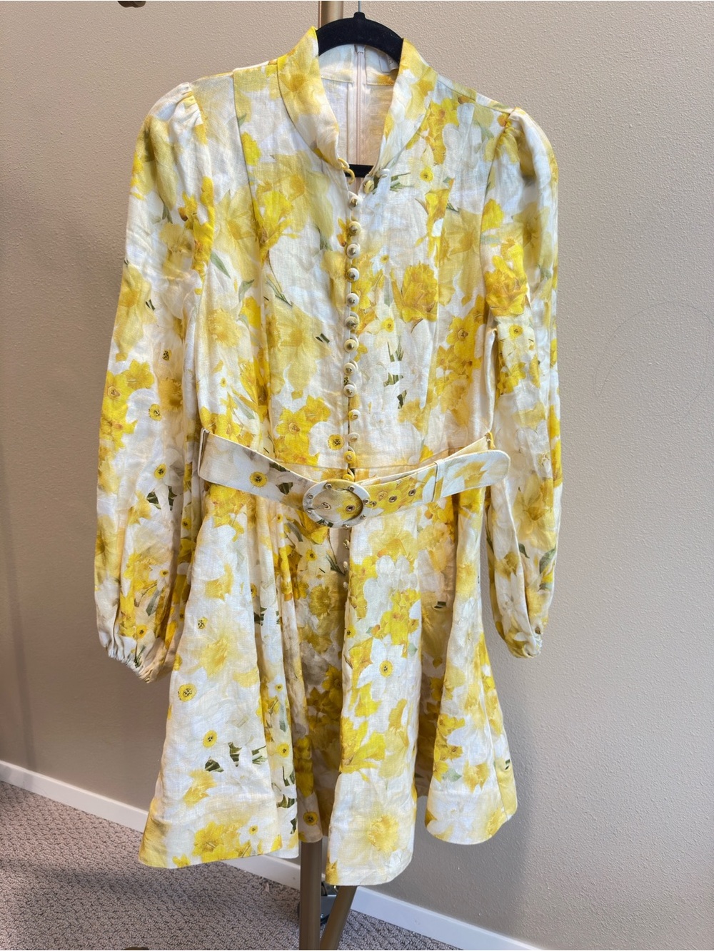 Zimmermann Daffodil Floral Buttoned Mini Dress in Yellow and White